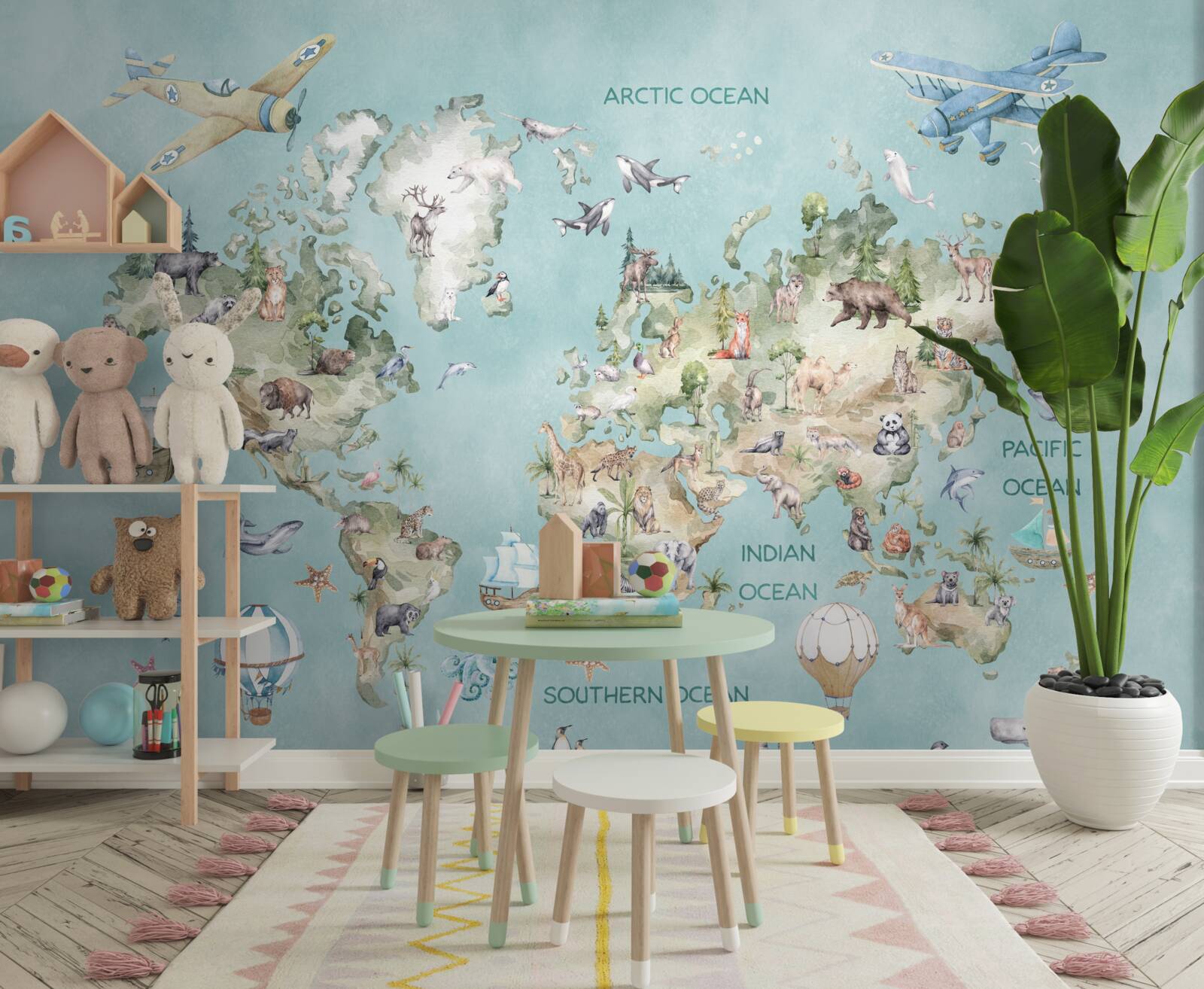 Fototapet harta lumii pentru copii cu oceane