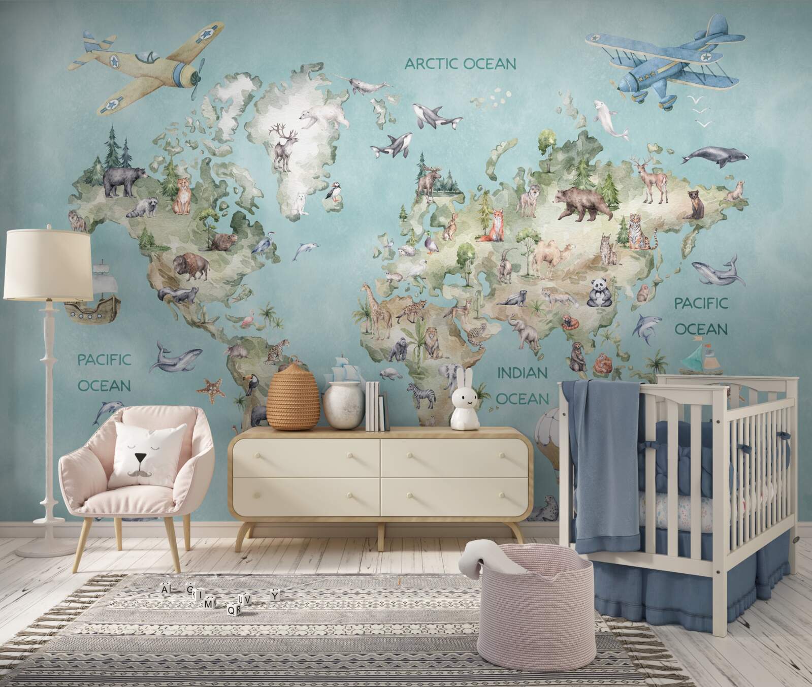 Fototapet harta lumii pentru copii cu oceane