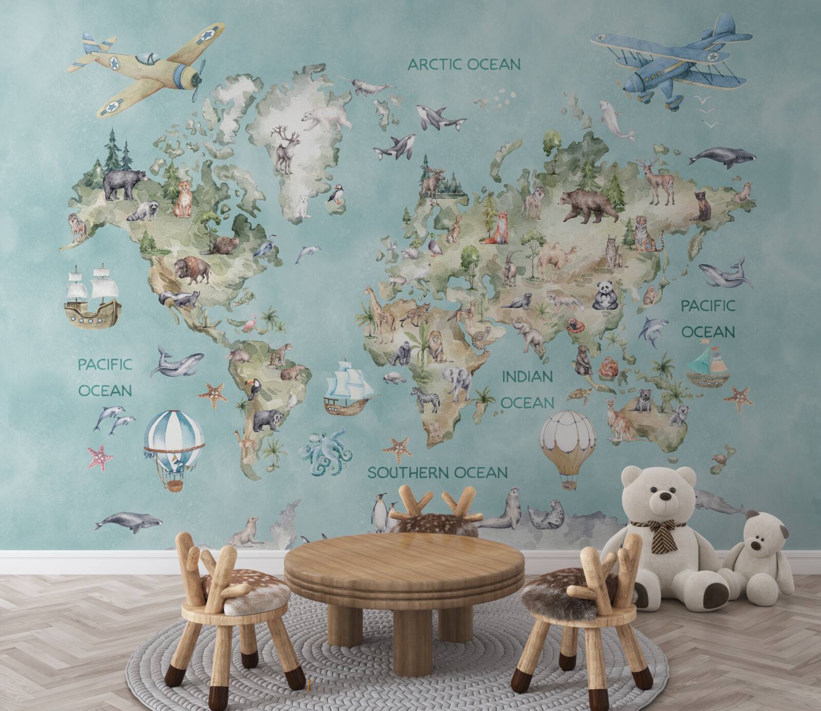 Fototapet harta lumii pentru copii cu oceane