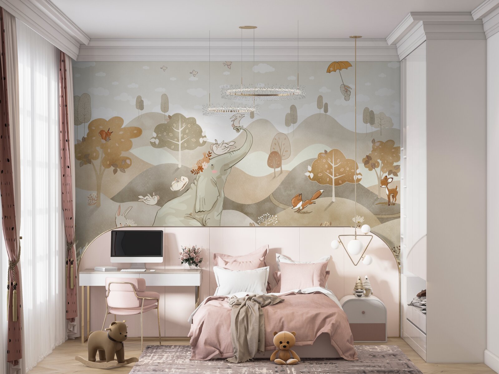 Fototapet micul elefant se joacă cu iepurașii