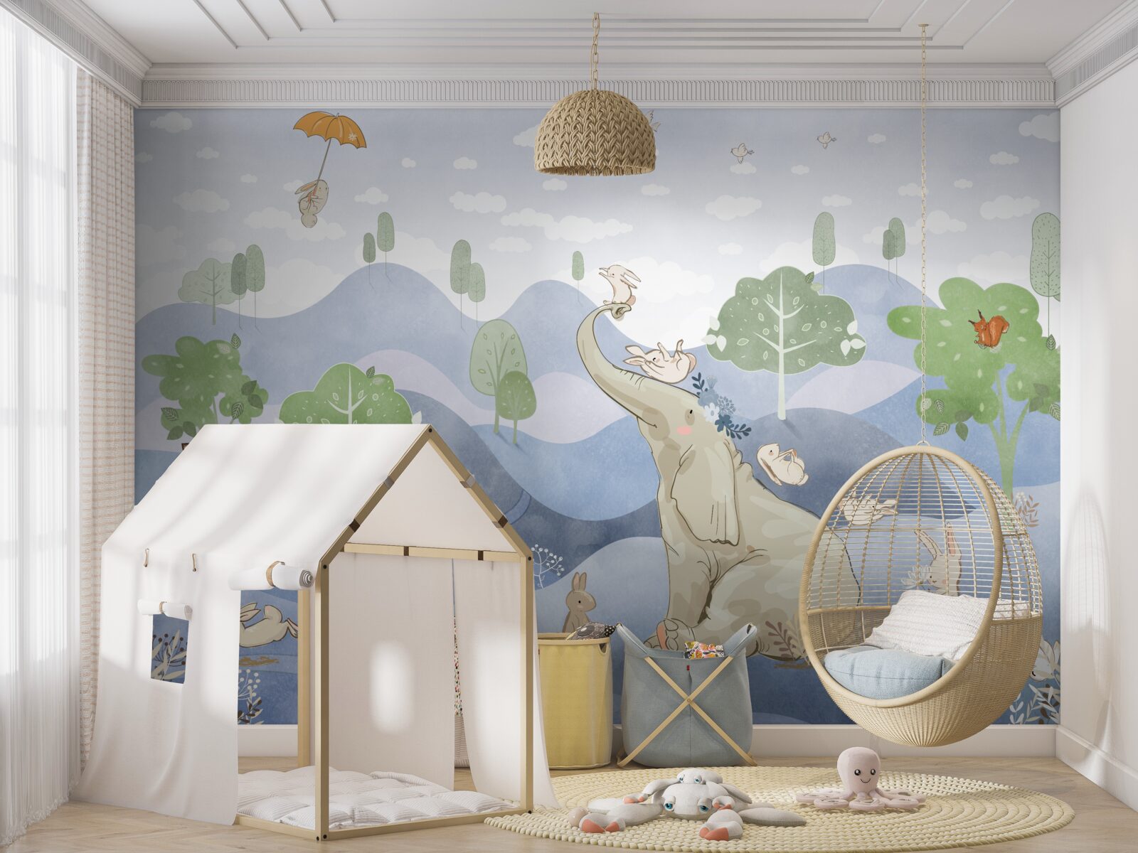 Fototapet un pui de elefant se plimbă cu prietenii săi mai mici