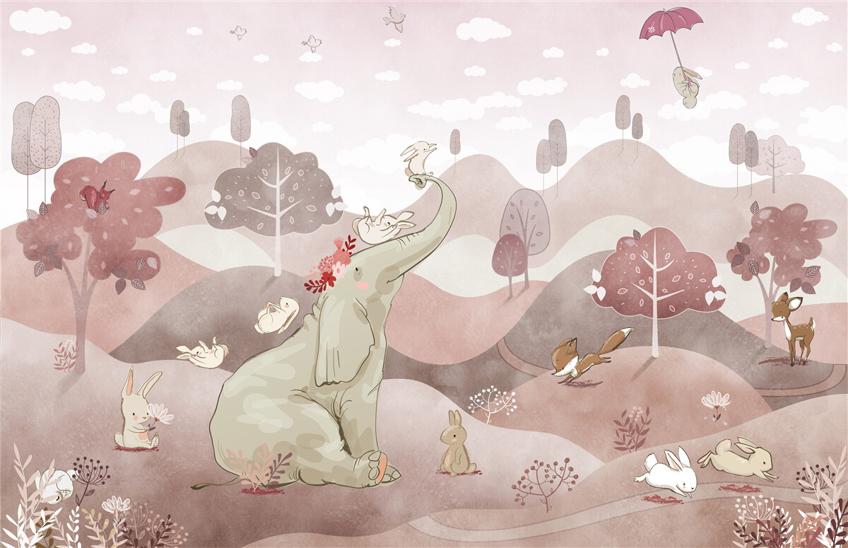 Fototapet un pui de elefant și iepuri se plimbă pe pajiști