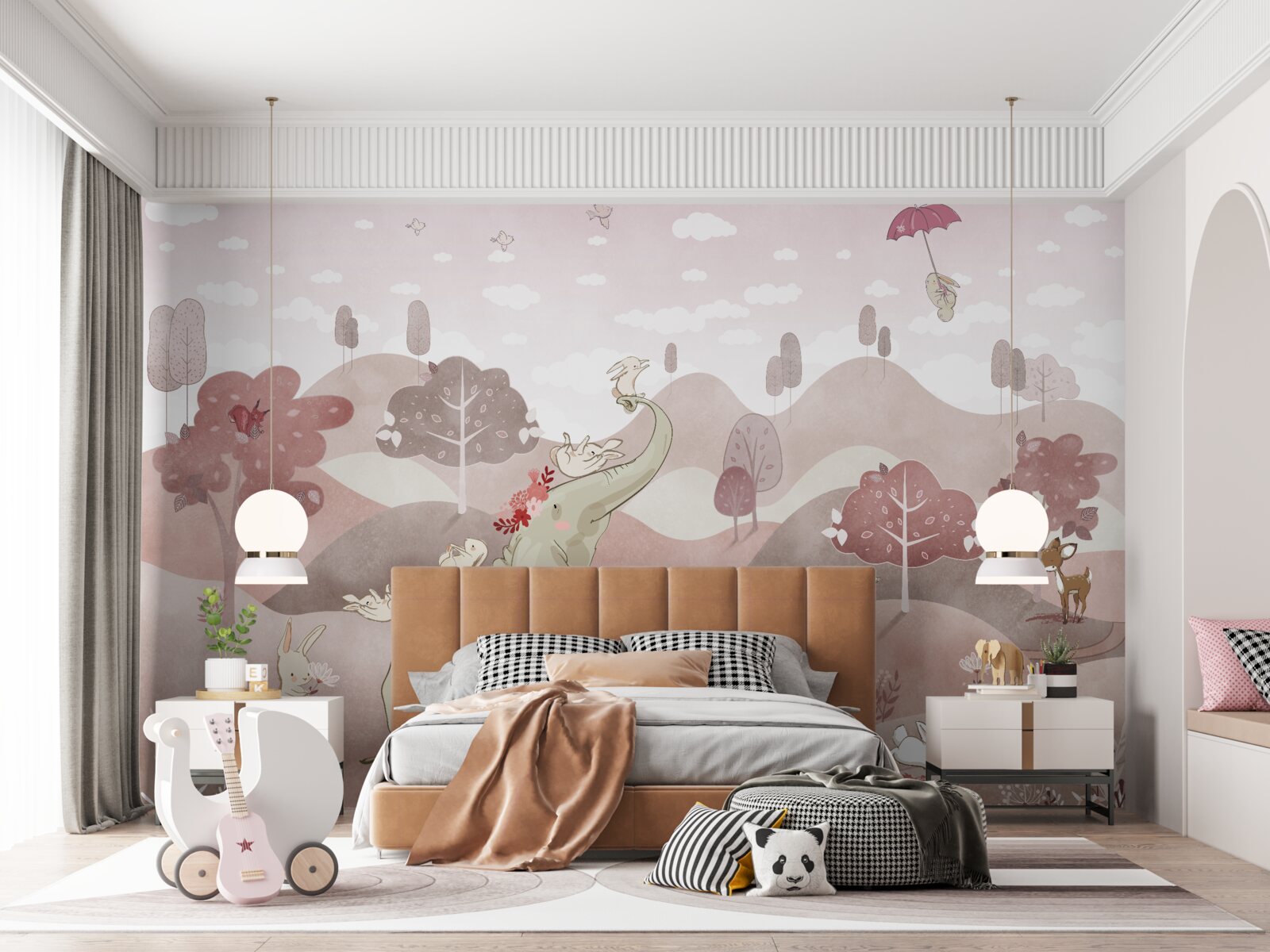 Fototapet un pui de elefant și iepuri se plimbă pe pajiști