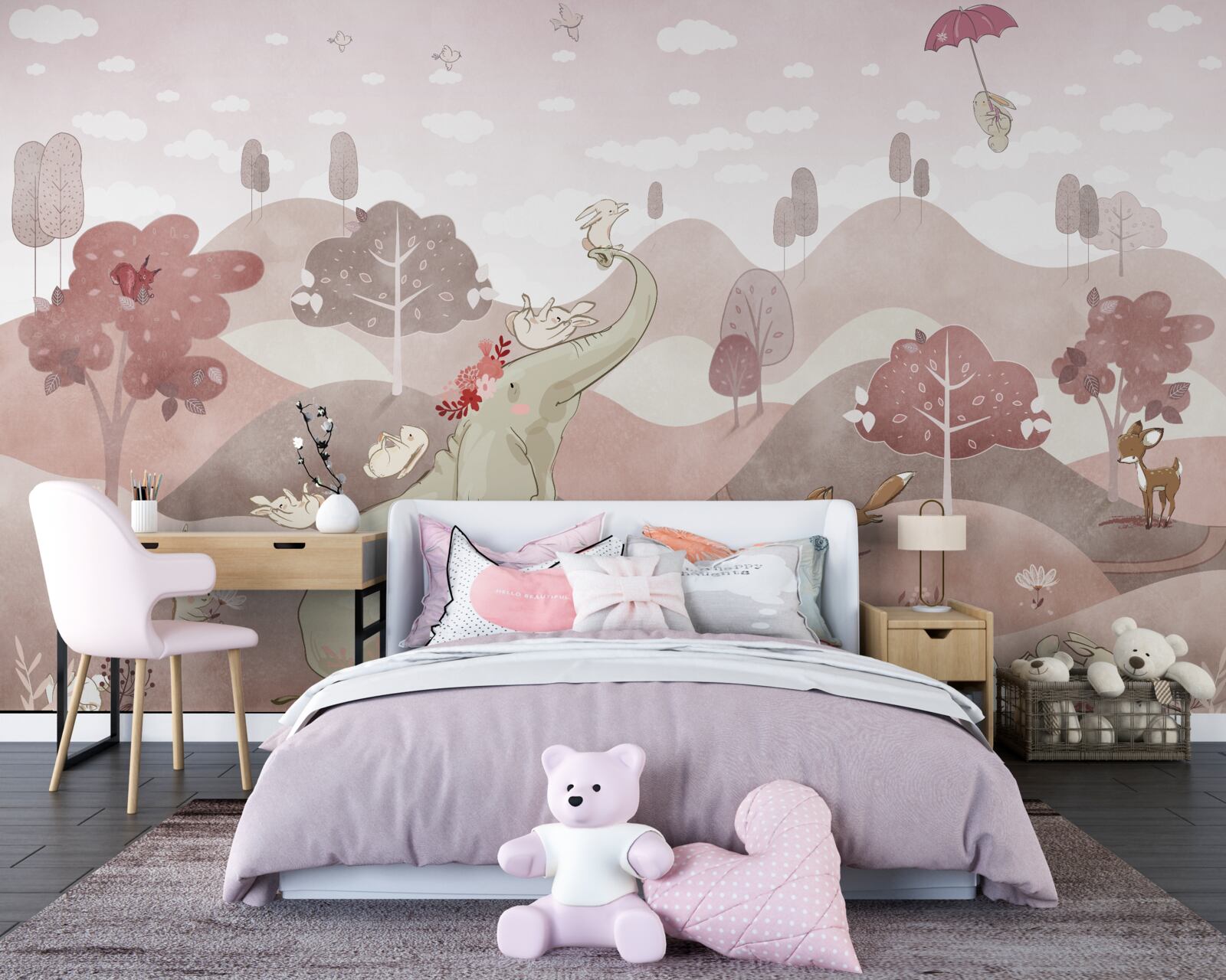 Fototapet un pui de elefant și iepuri se plimbă pe pajiști