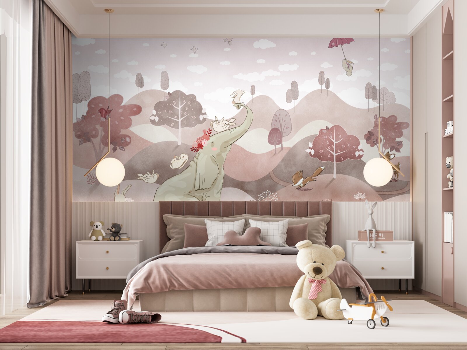 Fototapet un pui de elefant și iepuri se plimbă pe pajiști