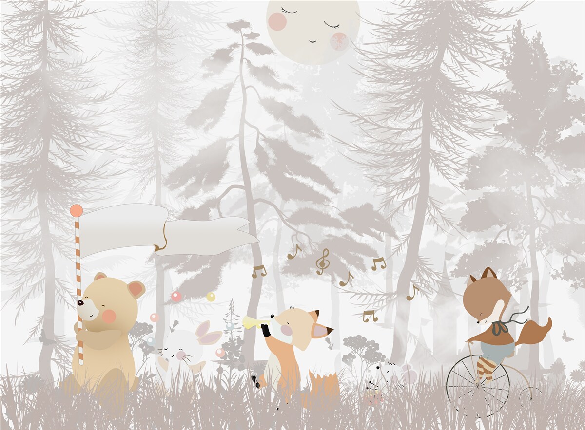 Fototapet animalele se plimbă printr-o pădure cețoasă