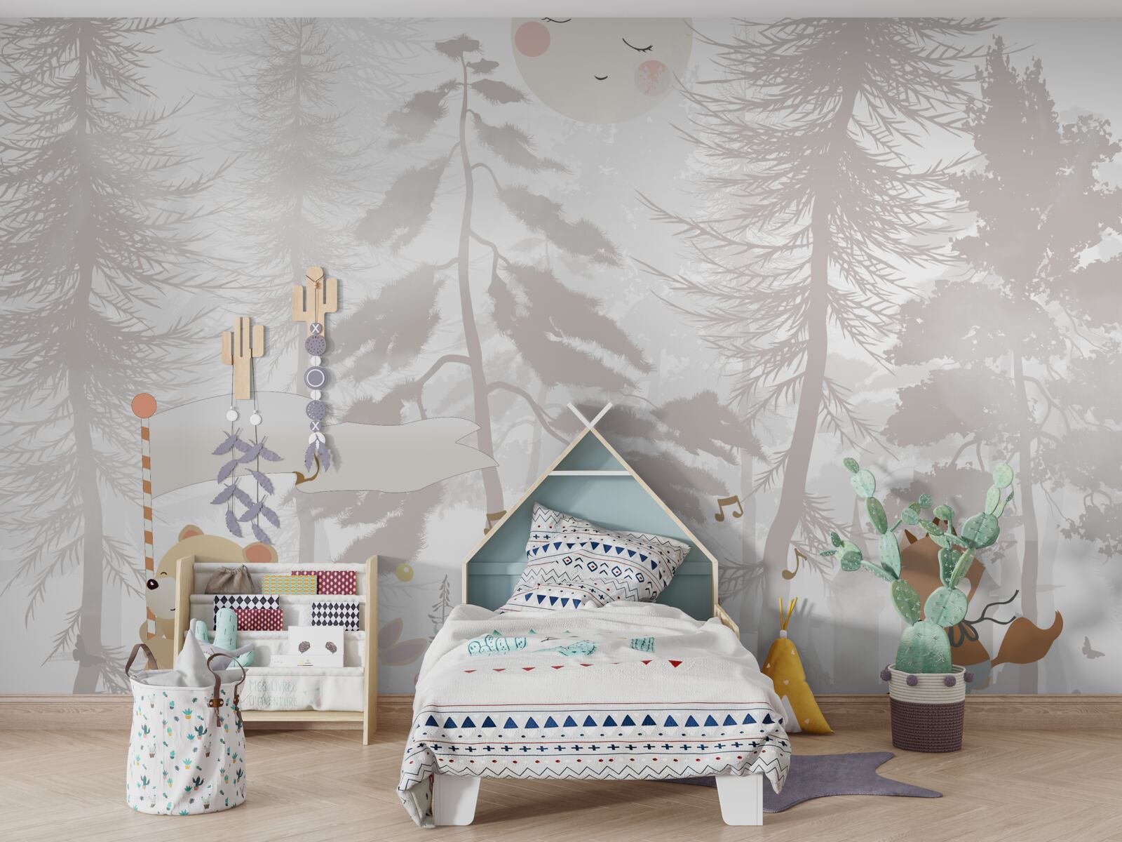 Fototapet animalele se plimbă printr-o pădure cețoasă