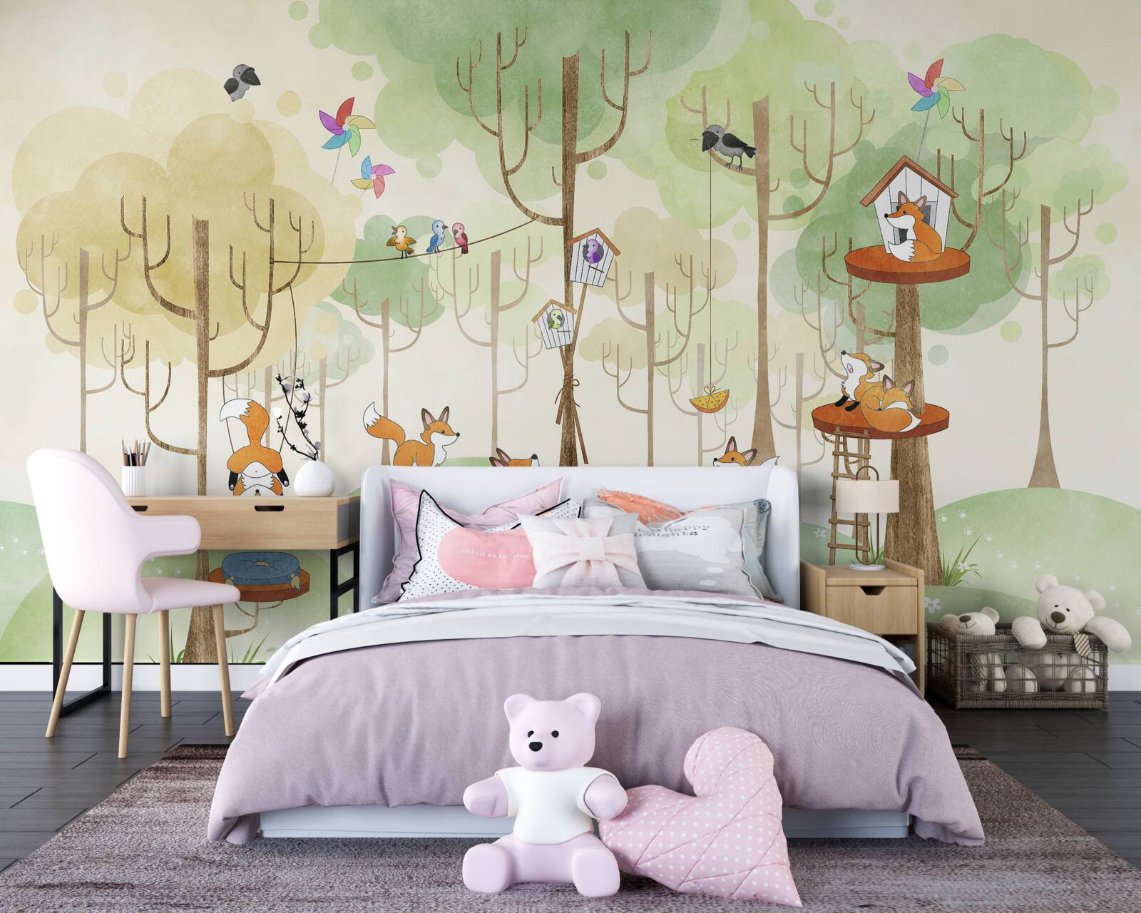 Fototapet veverițe și vulpi pe crengile copacilor