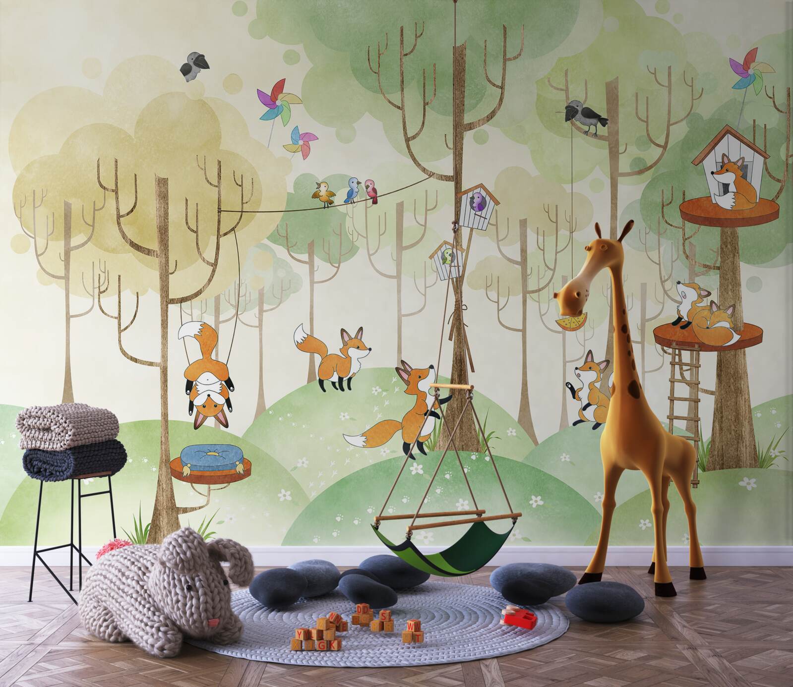 Fototapet veverițe și vulpi pe crengile copacilor