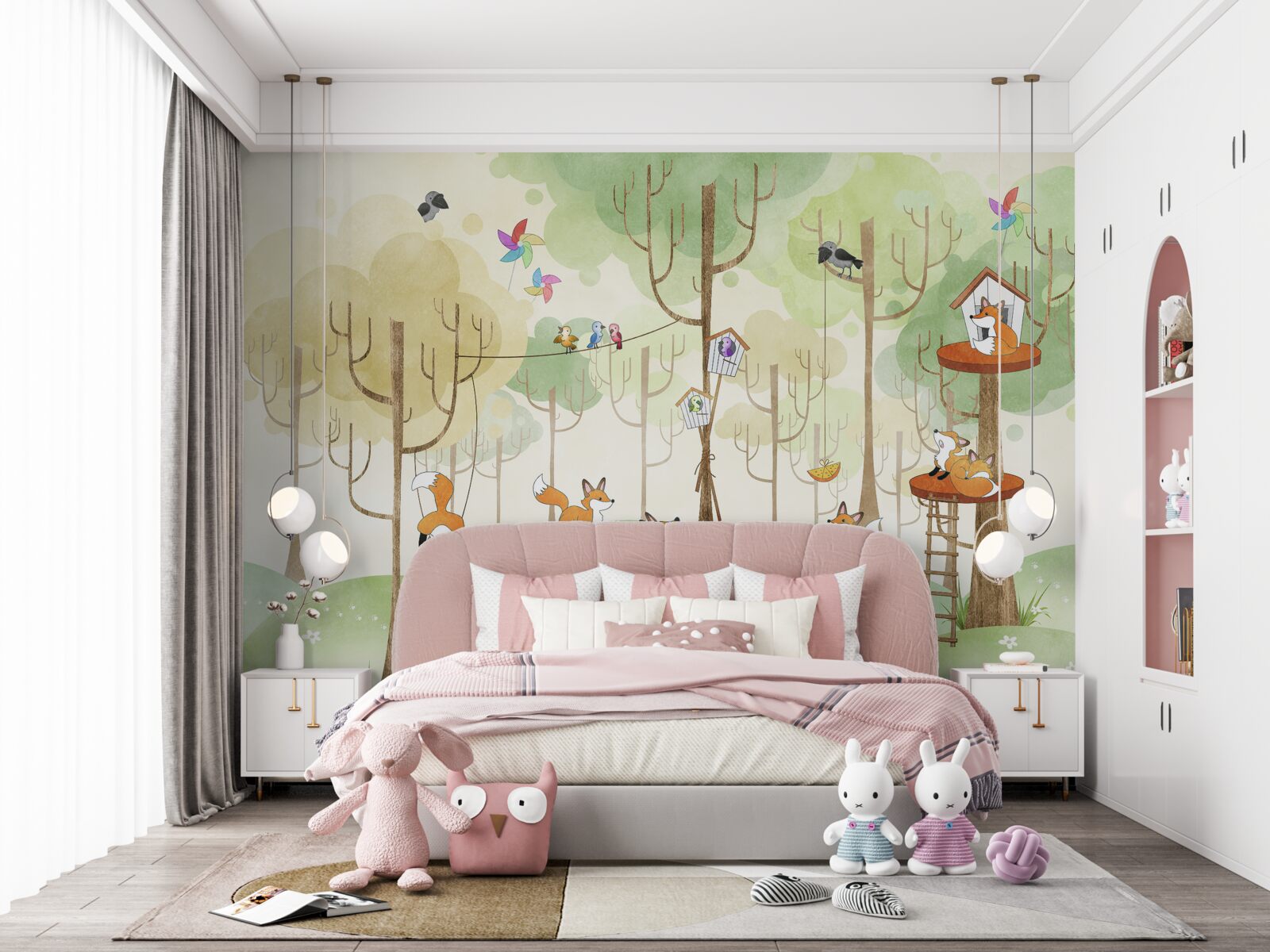 Fototapet veverițe și vulpi pe crengile copacilor