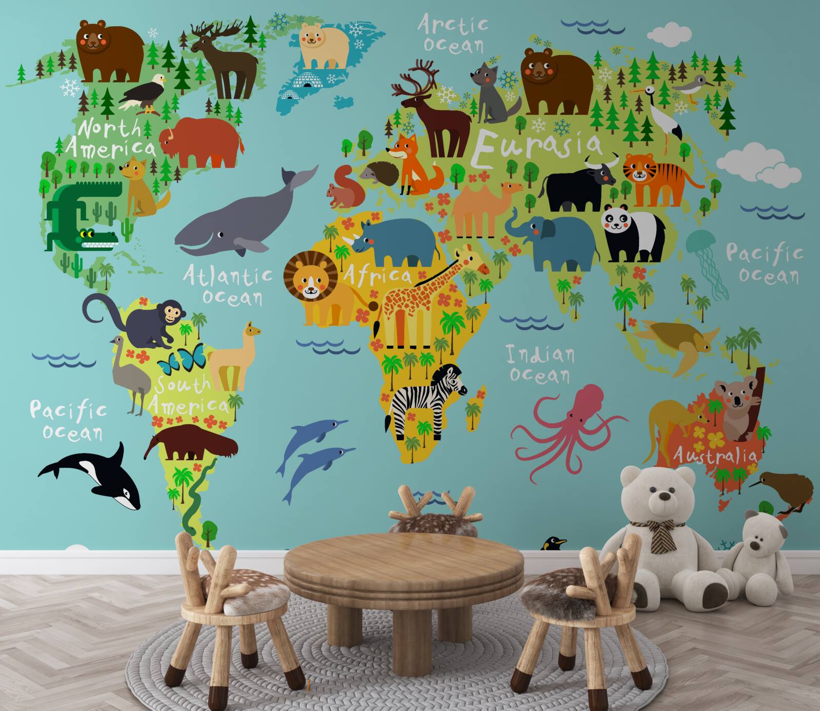 Fototapet o hartă a lumii pentru copii și continentele
