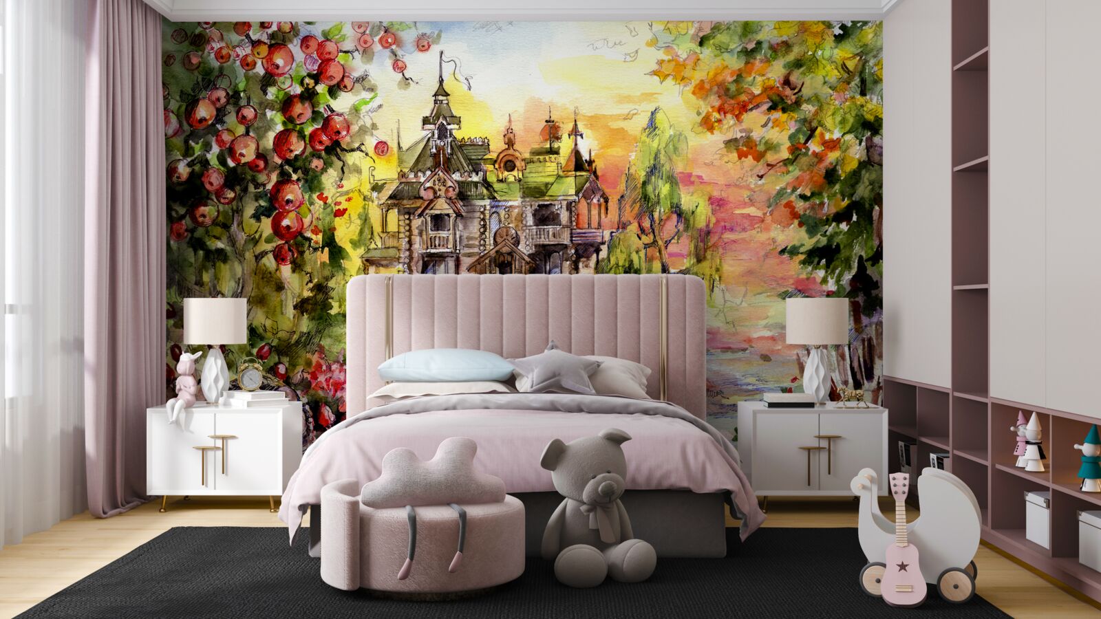 Fototapet casă de basm pe malul unei păduri