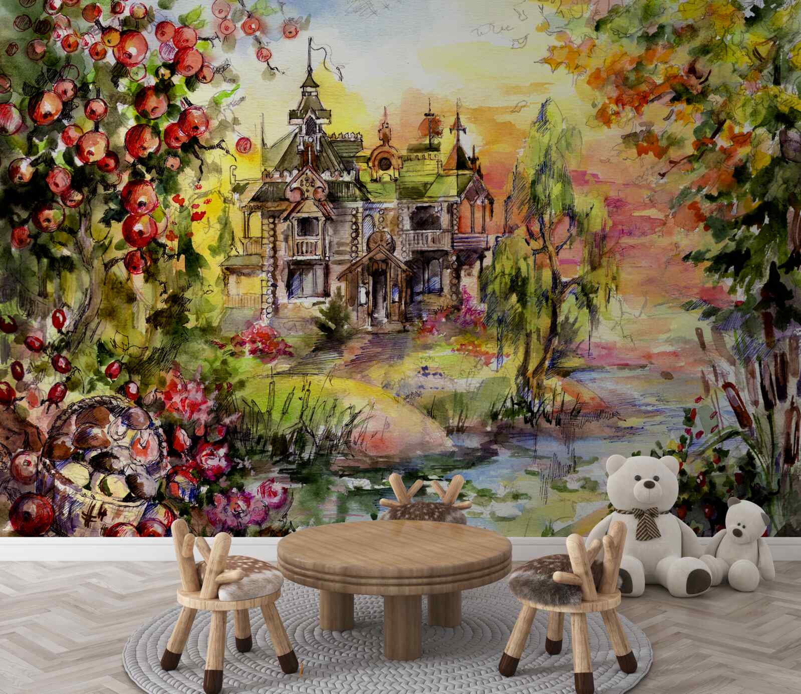 Fototapet casă de basm pe malul unei păduri