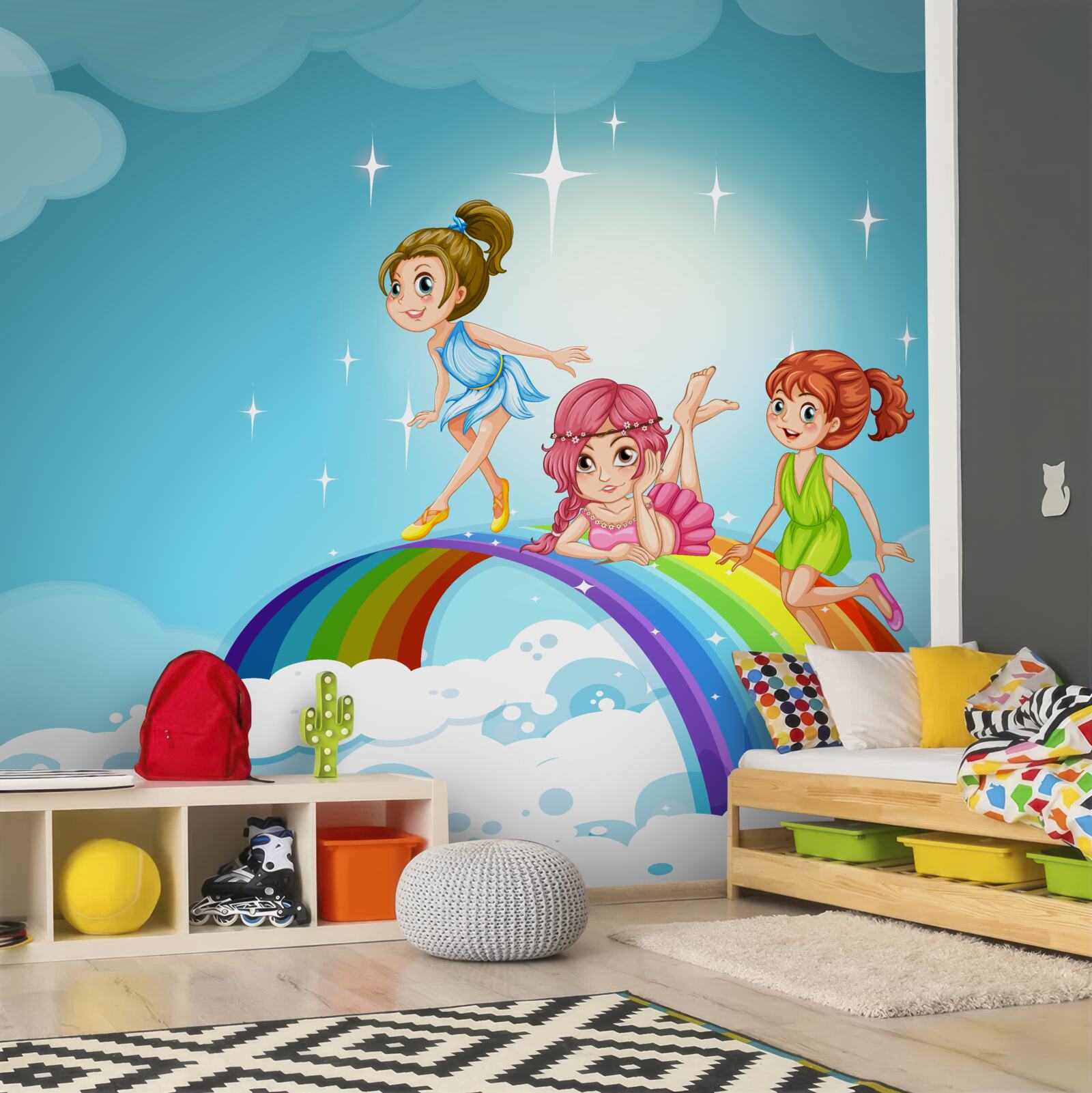 Fototapet fete printre nori pe curcubeu