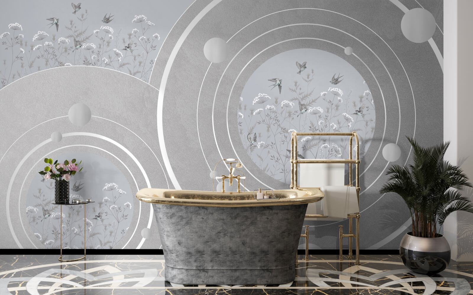 Fototapet forme florale și cercuri abstracte