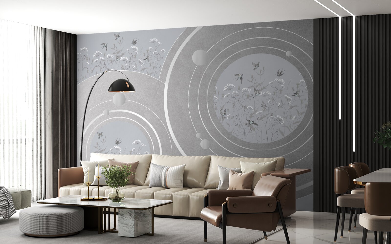 Fototapet forme florale și cercuri abstracte