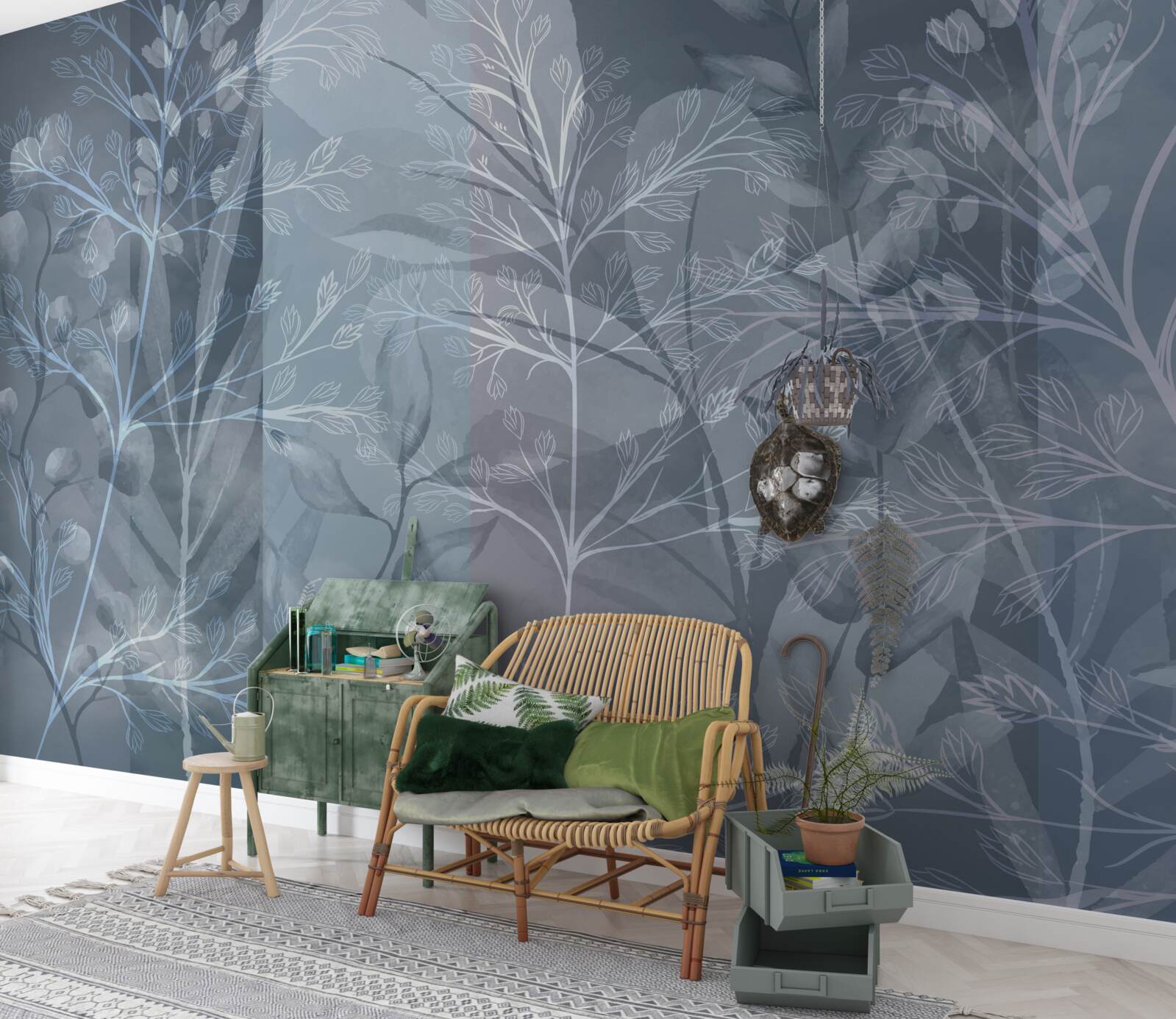 Fototapet arbuști învăluiți în ceață în pădure