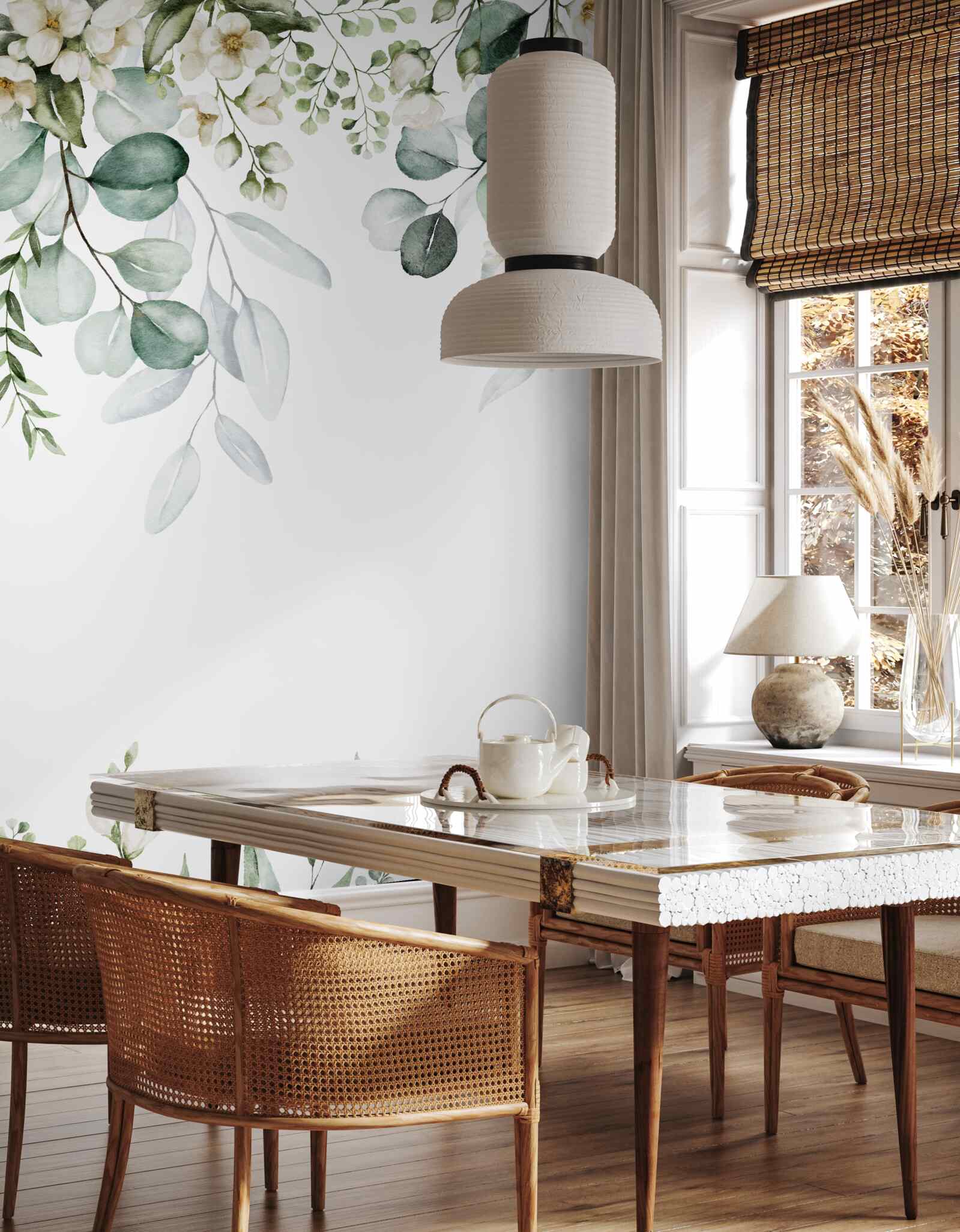 Fototapet flori albe și eucalipt