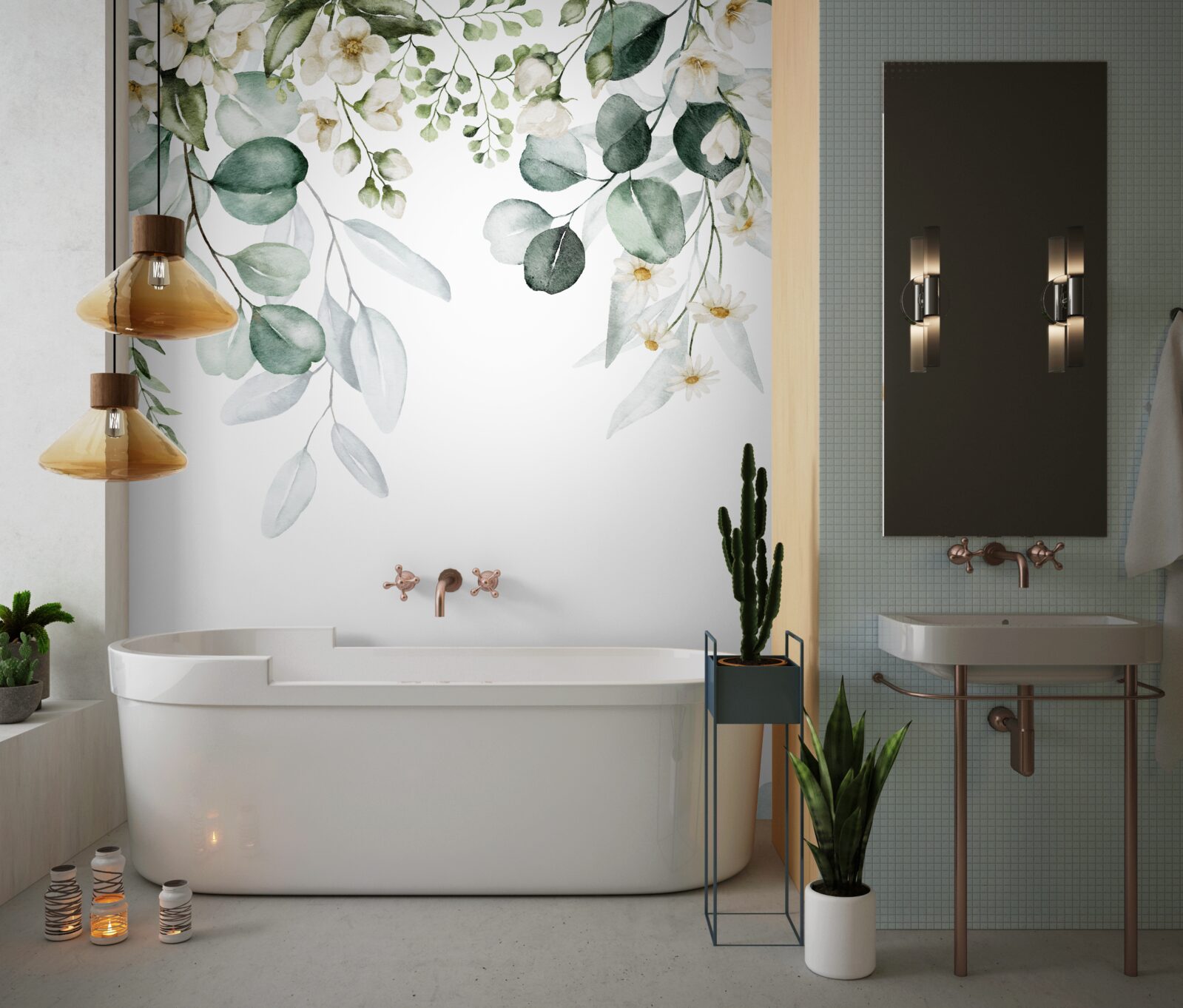 Fototapet flori albe și eucalipt