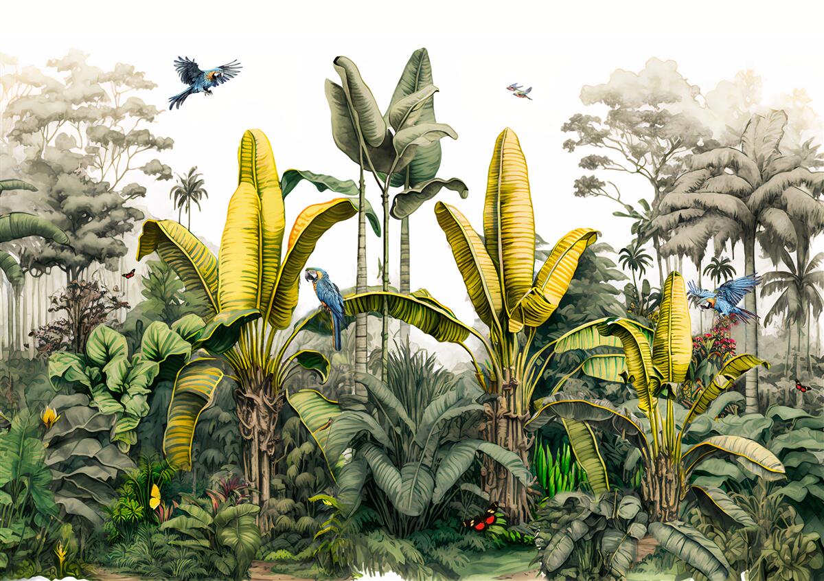 Fototapet plante tropicale, inclusiv palmieri înalți