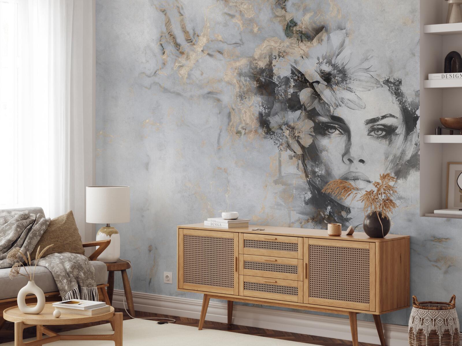 Fototapet flori și o fată create în acuarelă