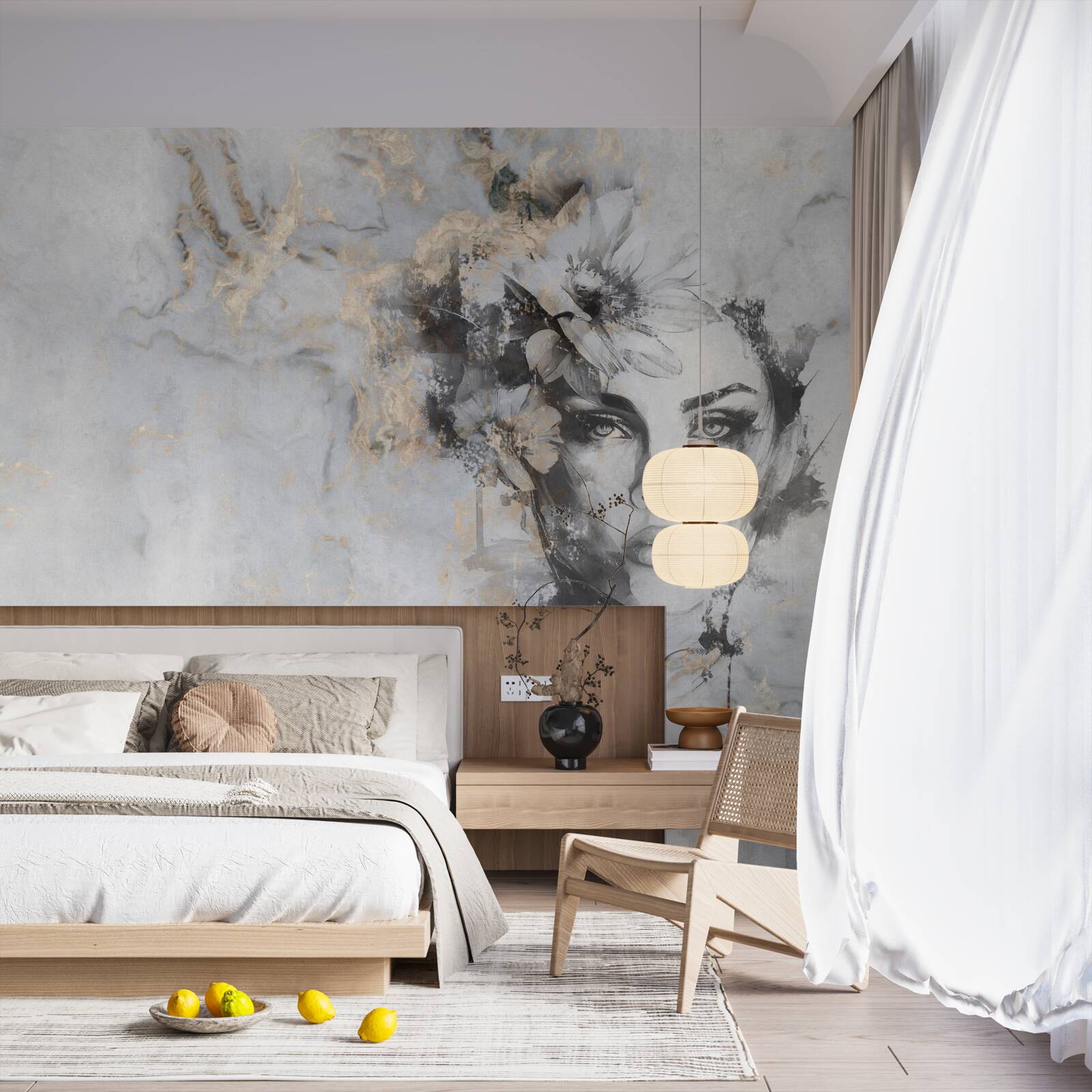 Fototapet flori și o fată create în acuarelă