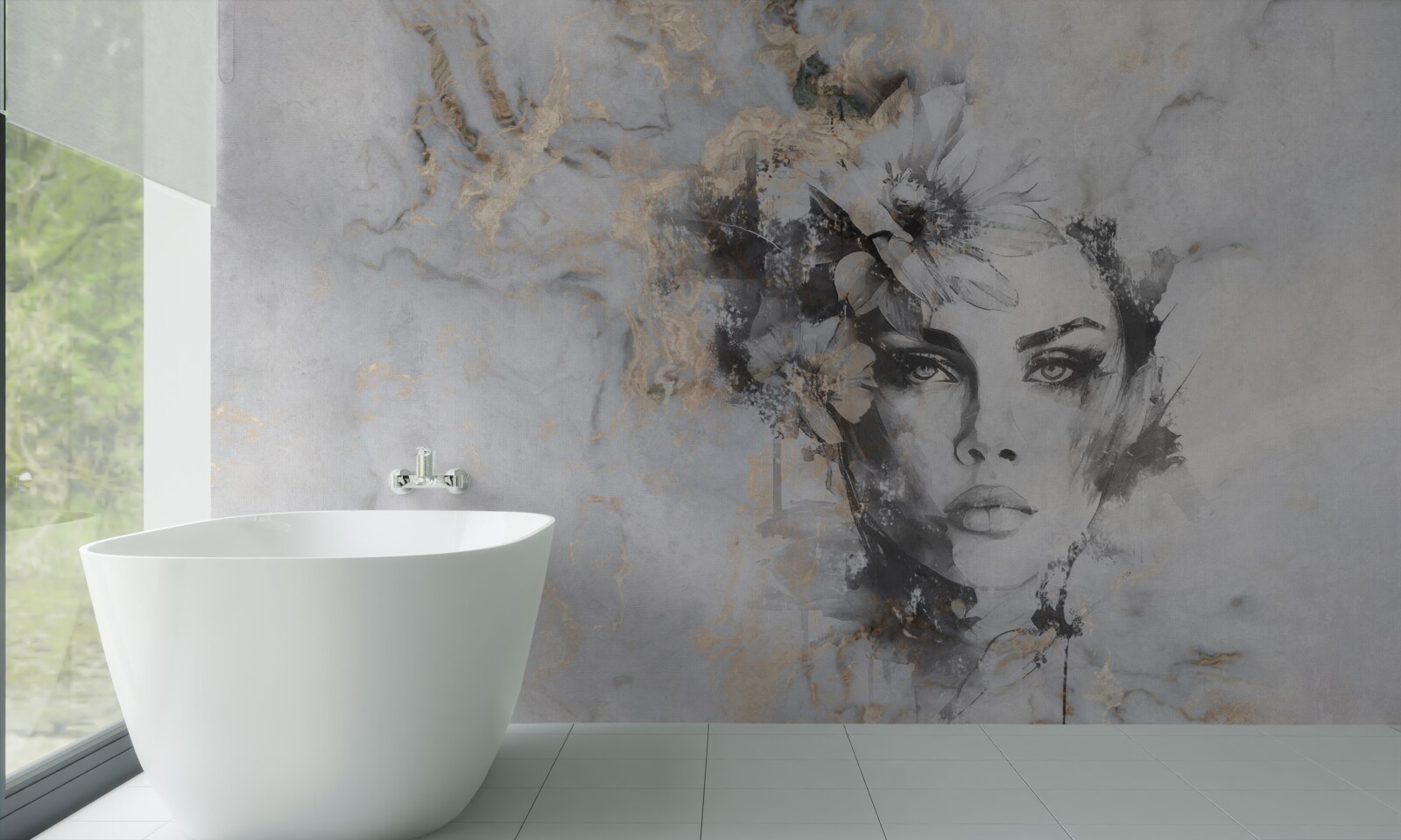 Fototapet flori și o fată create în acuarelă