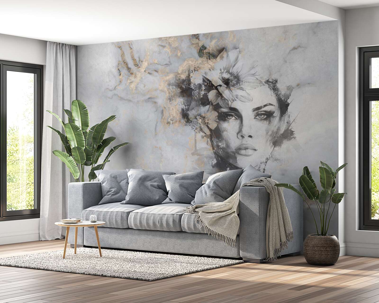 Fototapet flori și o fată create în acuarelă