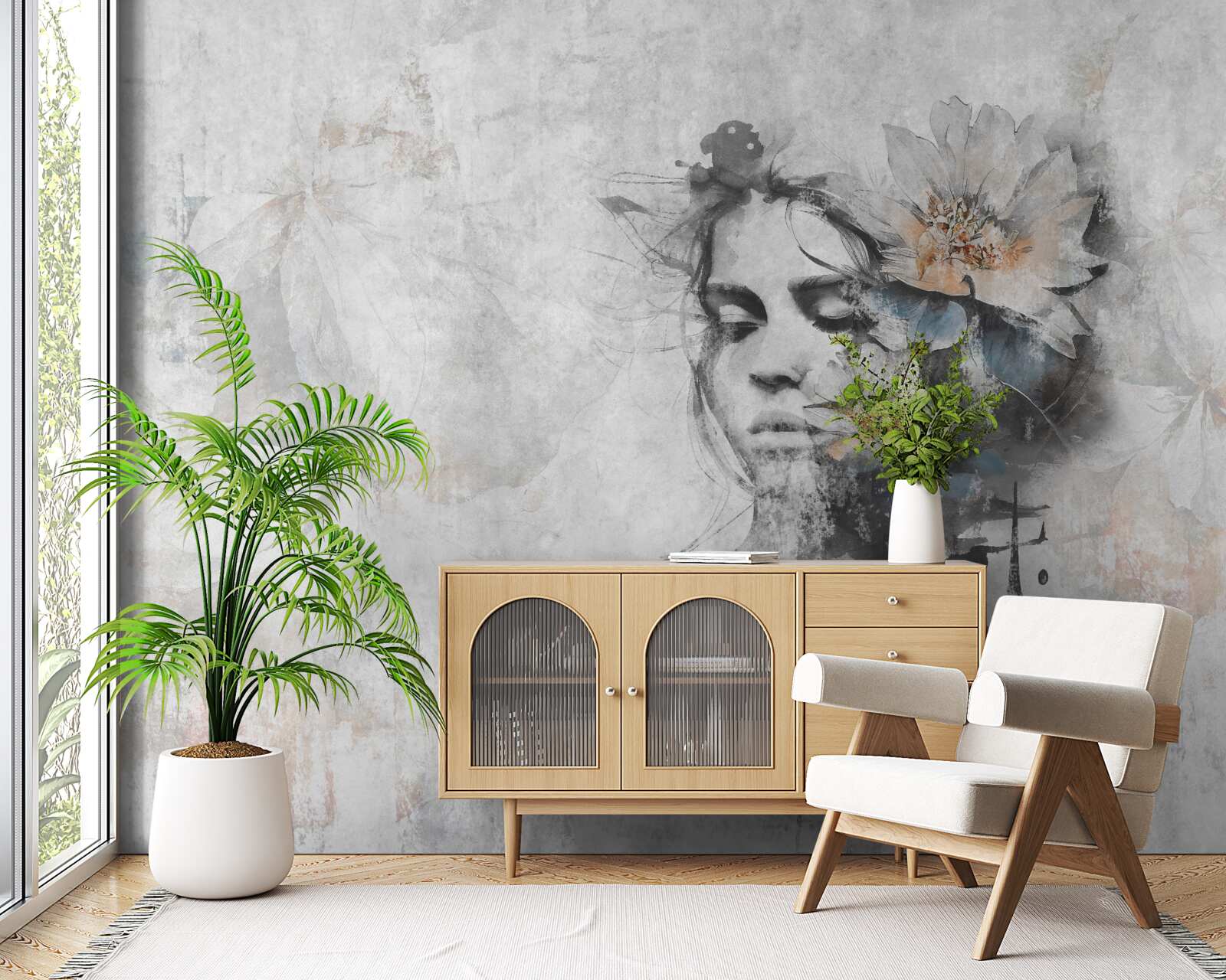 Fototapet fată cu un buchet de flori