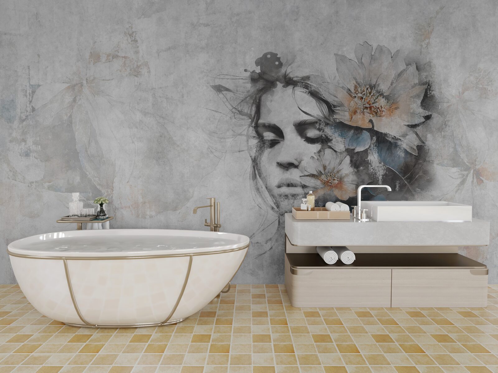 Fototapet fată cu un buchet de flori