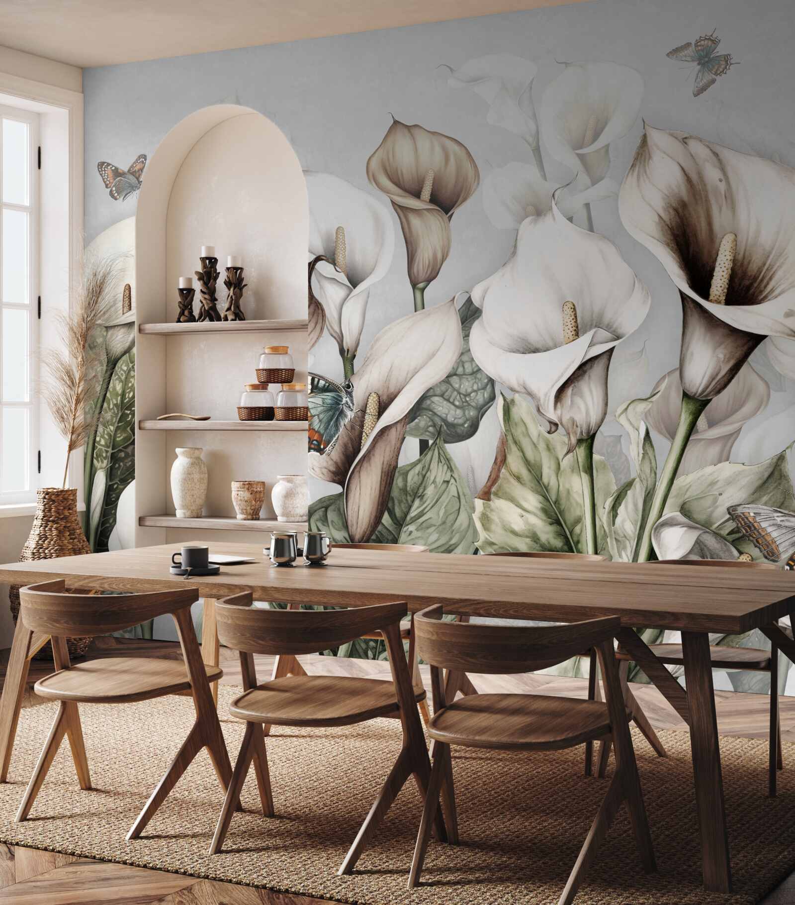 Fototapet kales sunt albe și maro cu fluturi