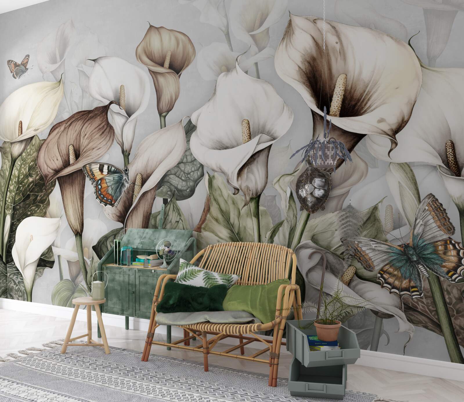 Fototapet kales sunt albe și maro cu fluturi