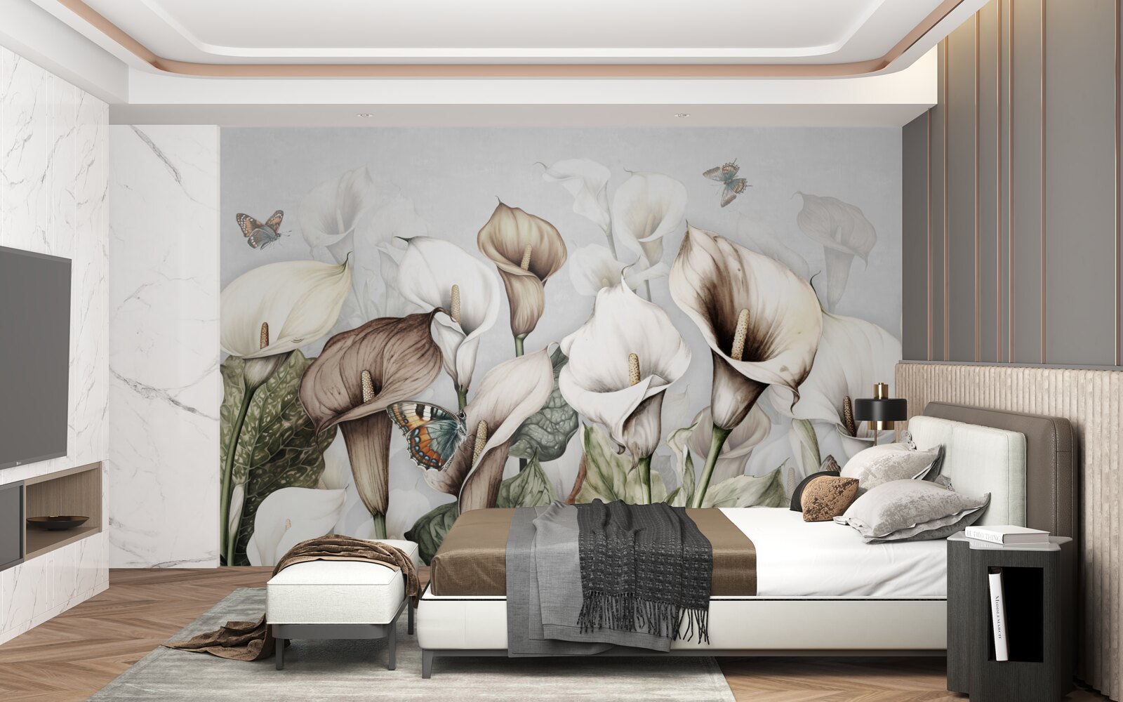 Fototapet kales sunt albe și maro cu fluturi