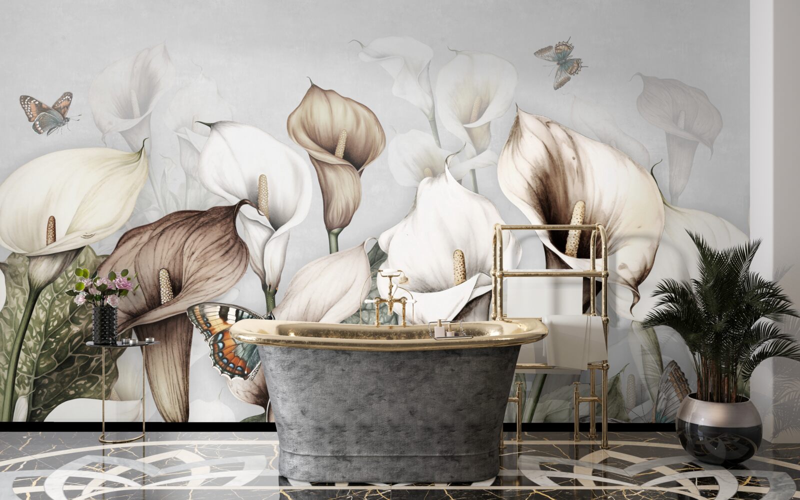 Fototapet kales sunt albe și maro cu fluturi