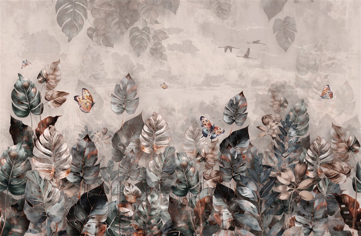 Fototapet plante tropicale cu fluturi și păsări