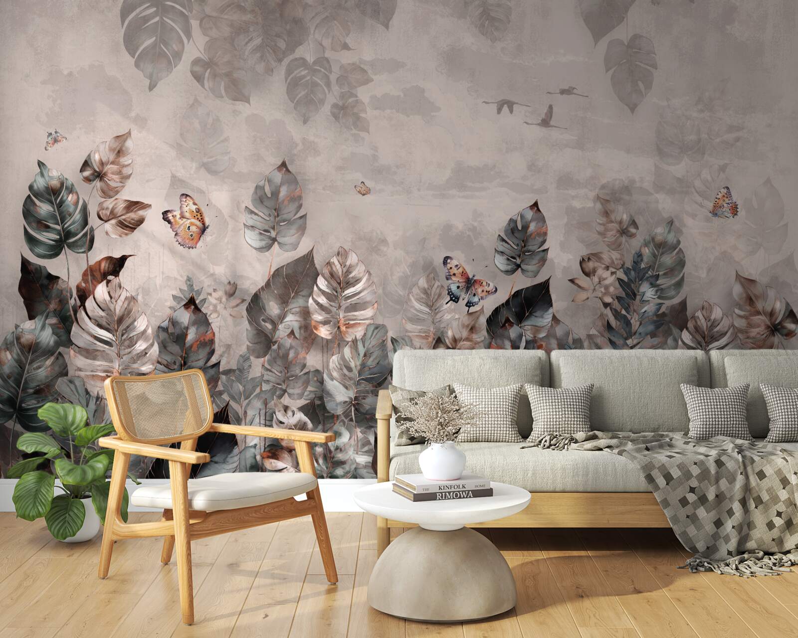 Fototapet plante tropicale cu fluturi și păsări