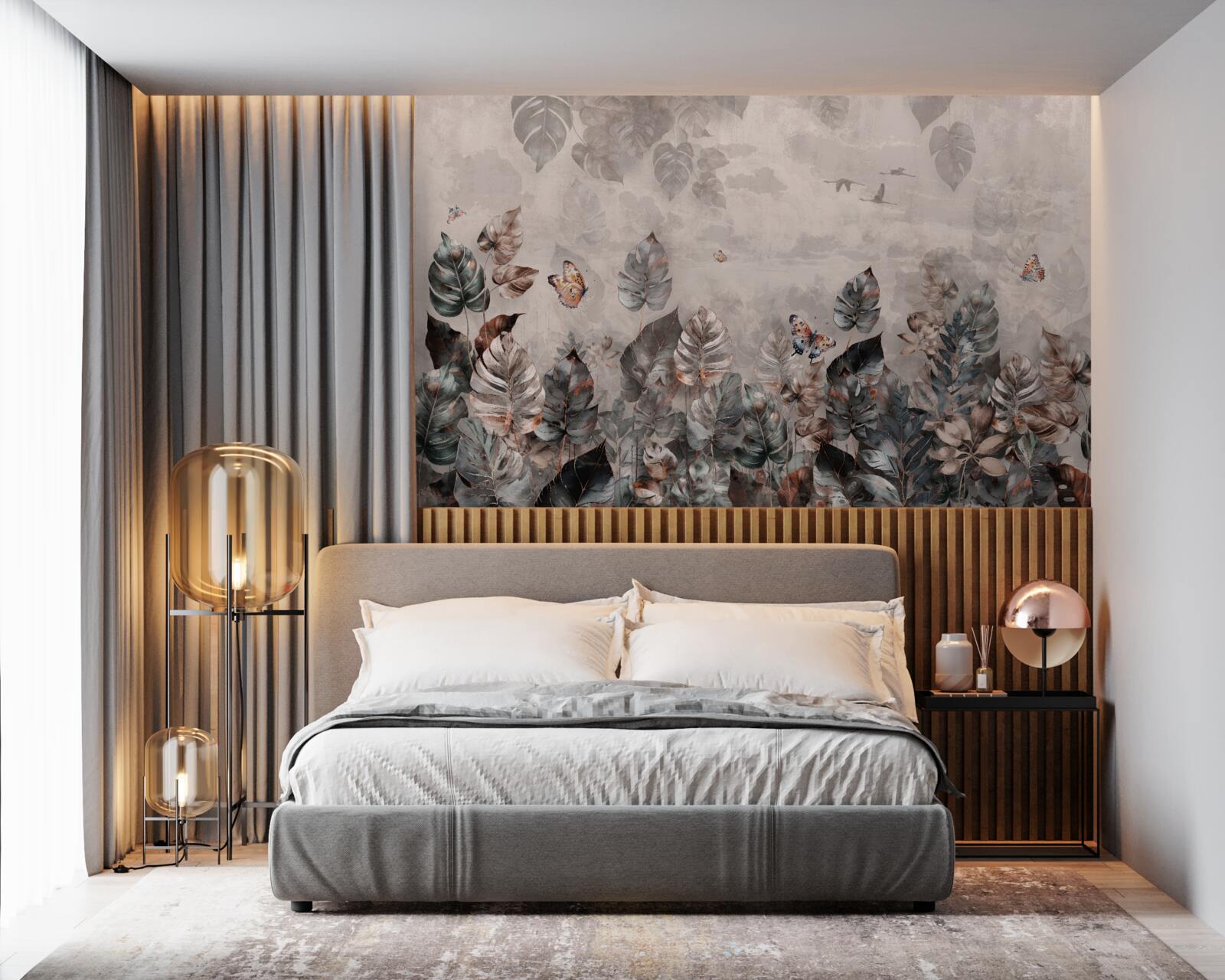 Fototapet plante tropicale cu fluturi și păsări