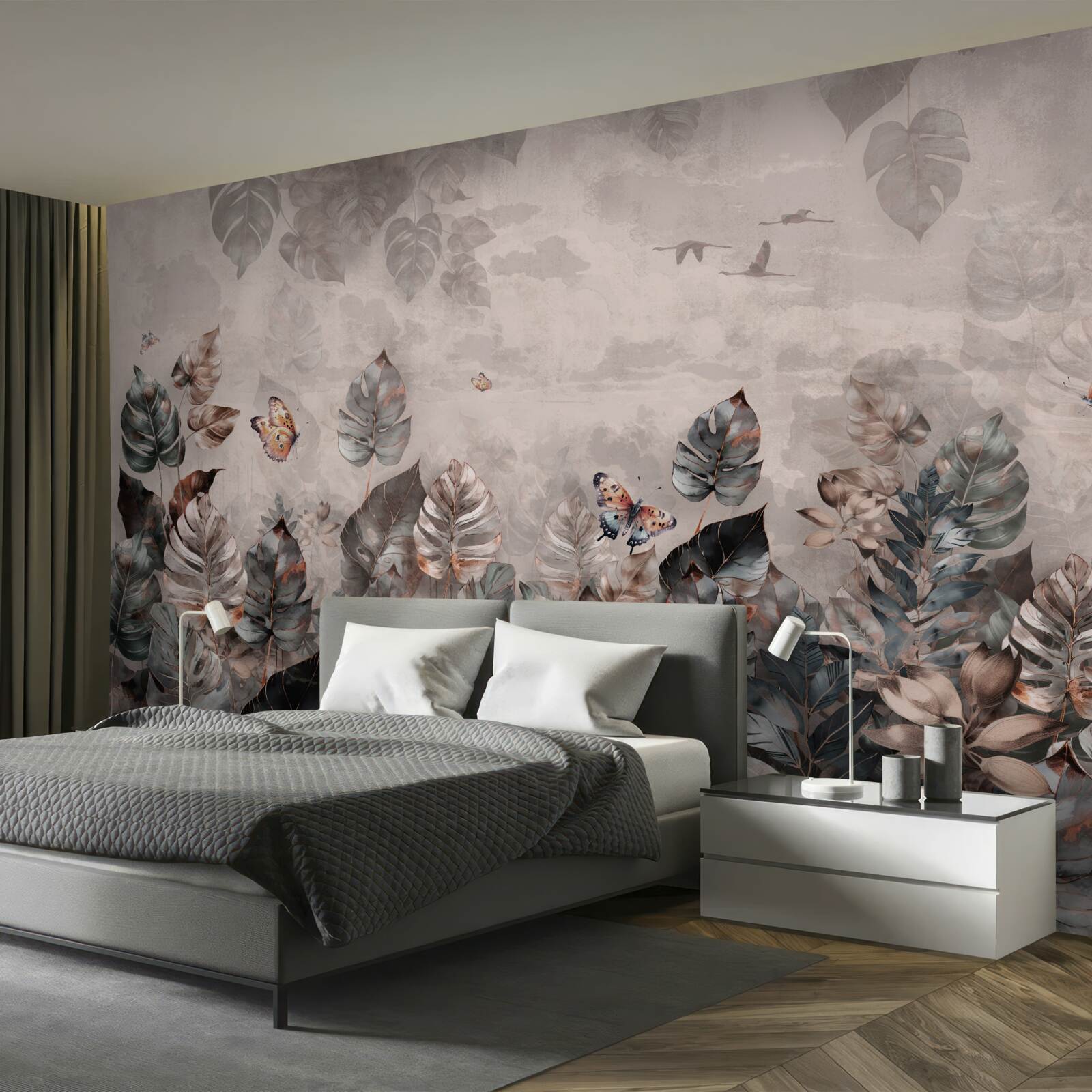 Fototapet plante tropicale cu fluturi și păsări