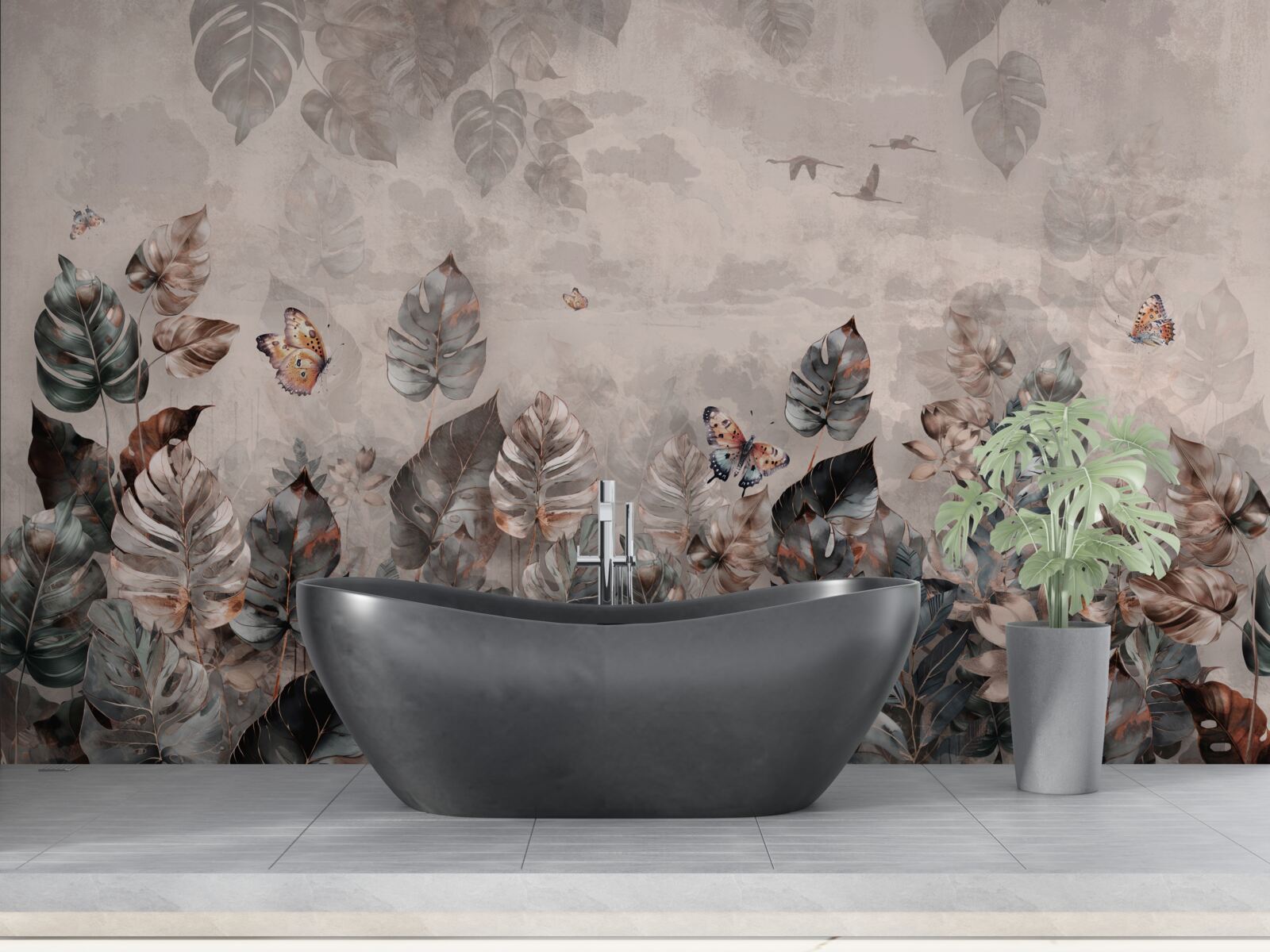 Fototapet plante tropicale cu fluturi și păsări