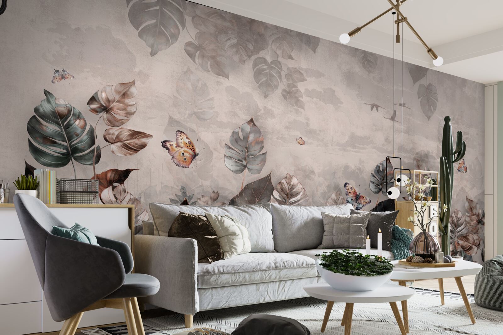 Fototapet plante tropicale cu fluturi și păsări