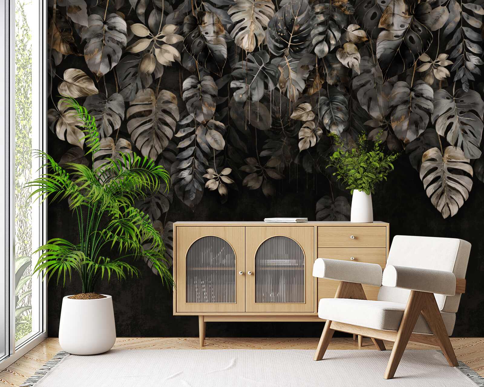 Fototapet frunze mari de monstera noaptea