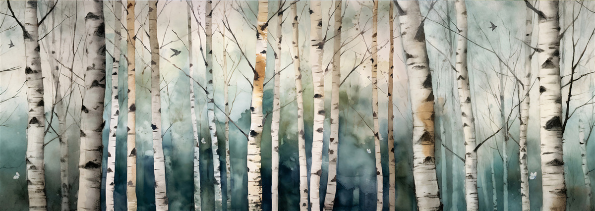 Fototapet acuarelă reprezentând o livadă subțire de mesteceni