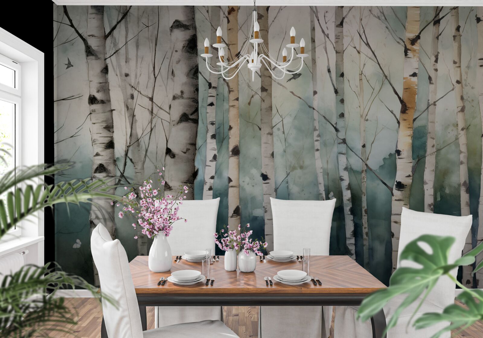 Fototapet acuarelă reprezentând o livadă subțire de mesteceni