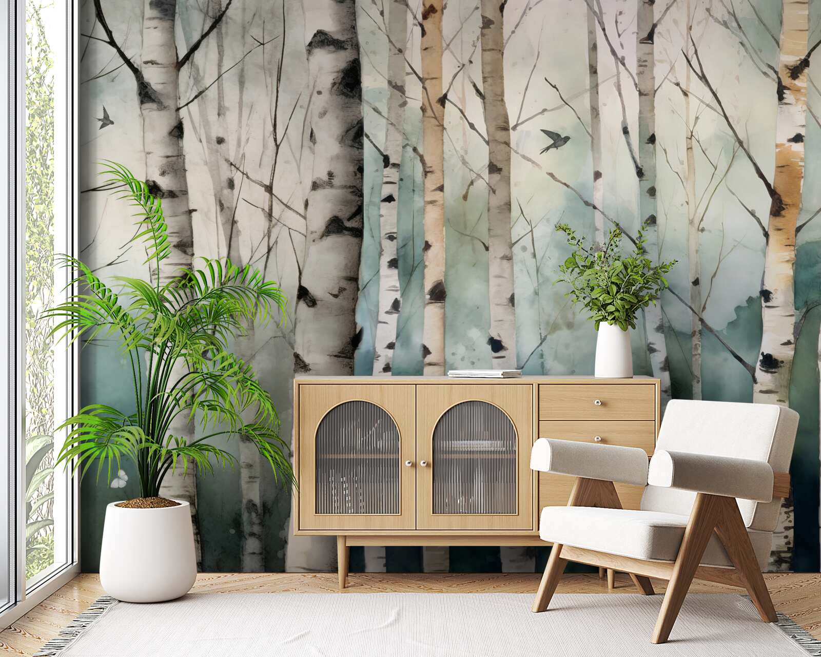 Fototapet acuarelă reprezentând o livadă subțire de mesteceni