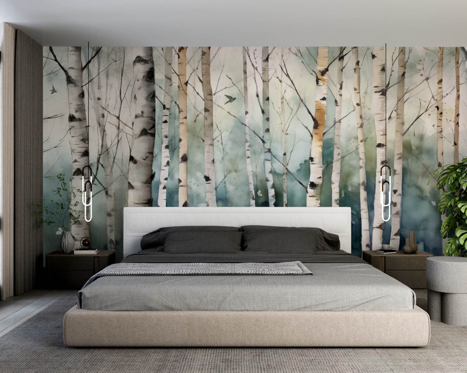 Fototapet acuarelă reprezentând o livadă subțire de mesteceni