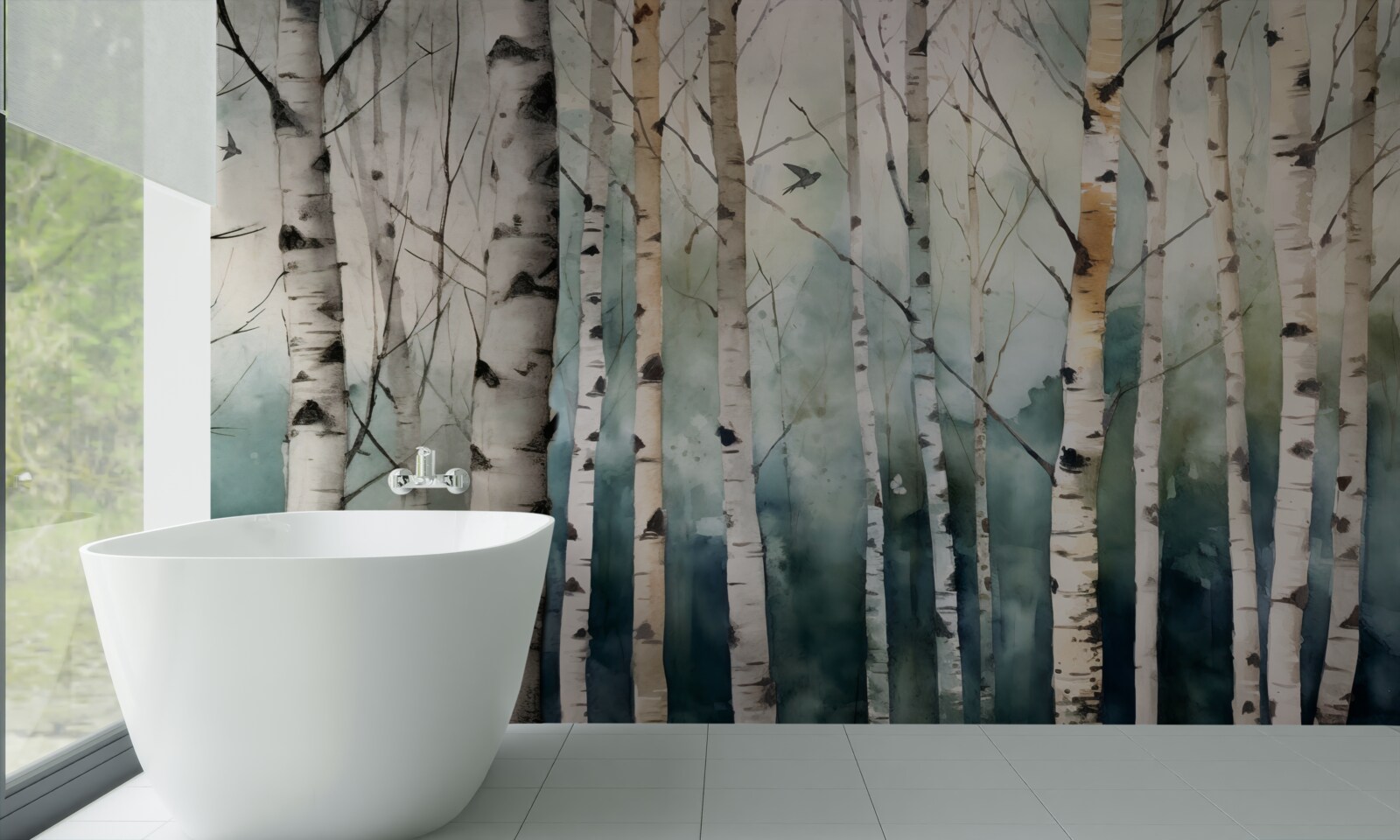 Fototapet acuarelă reprezentând o livadă subțire de mesteceni