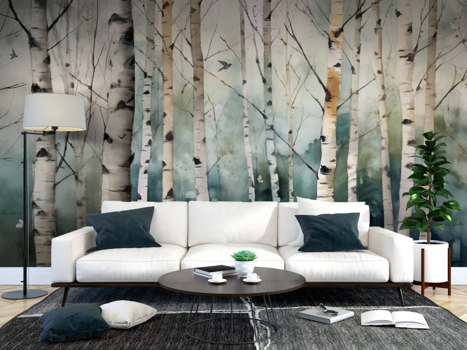 Fototapet acuarelă reprezentând o livadă subțire de mesteceni