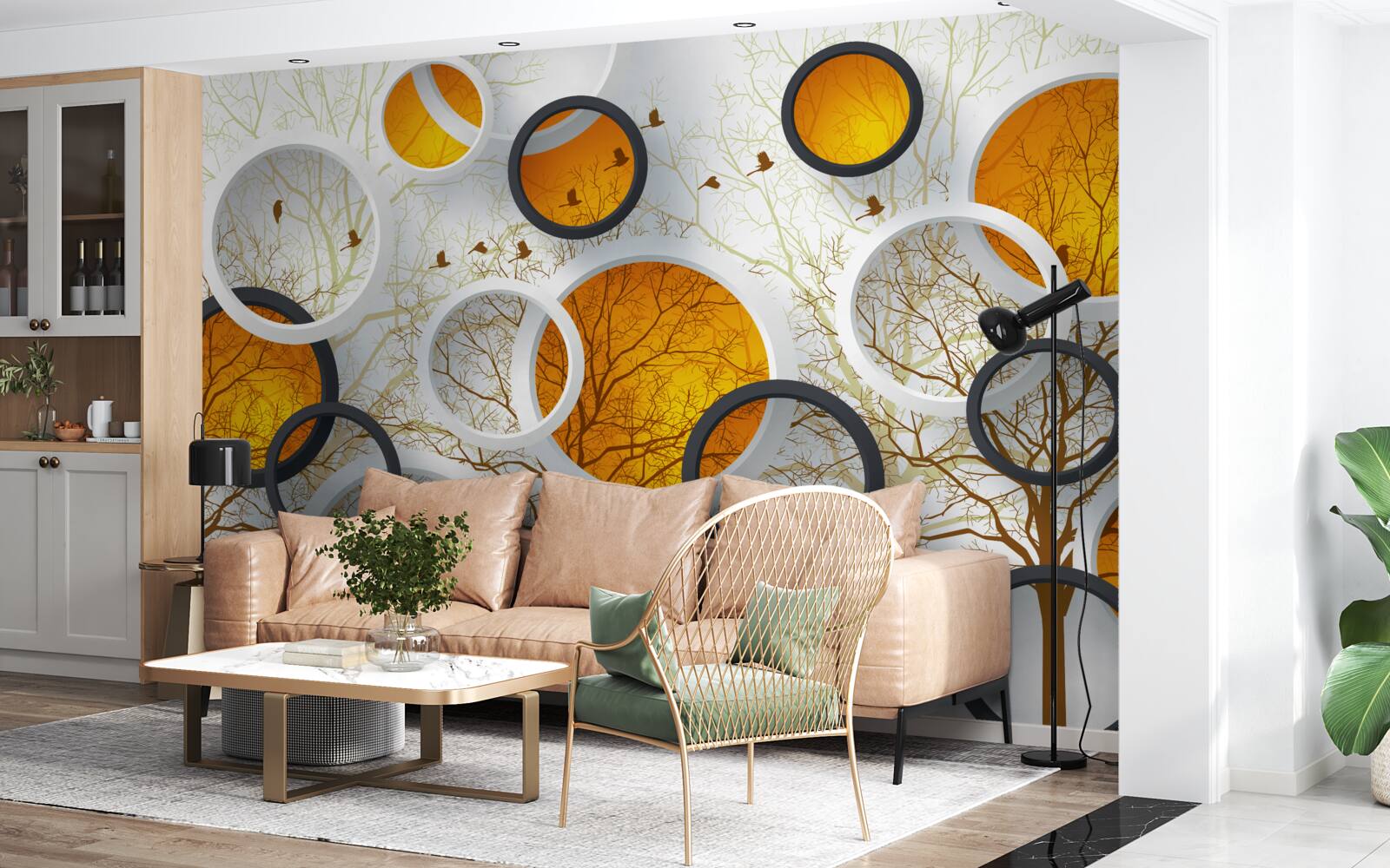 Fototapet copaci în toamnă și cercuri albe ca zăpada cu chihlimbar