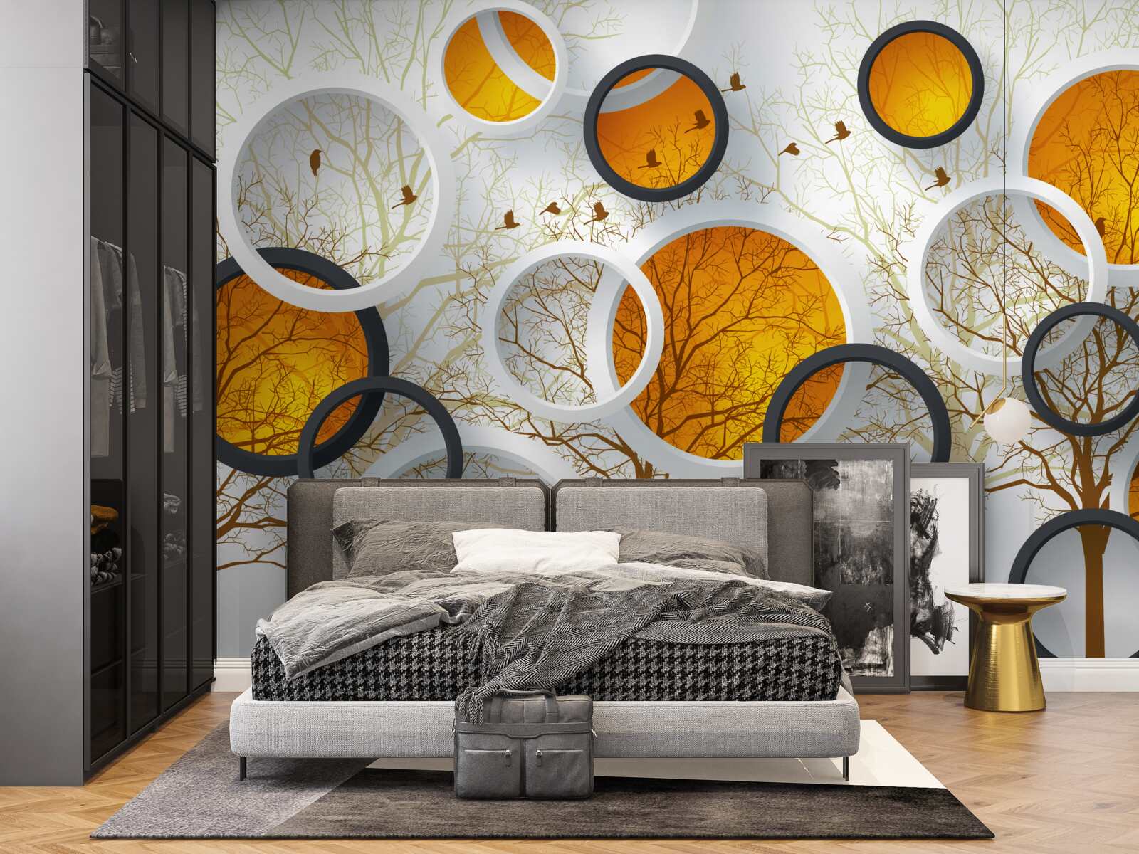 Fototapet copaci în toamnă și cercuri albe ca zăpada cu chihlimbar