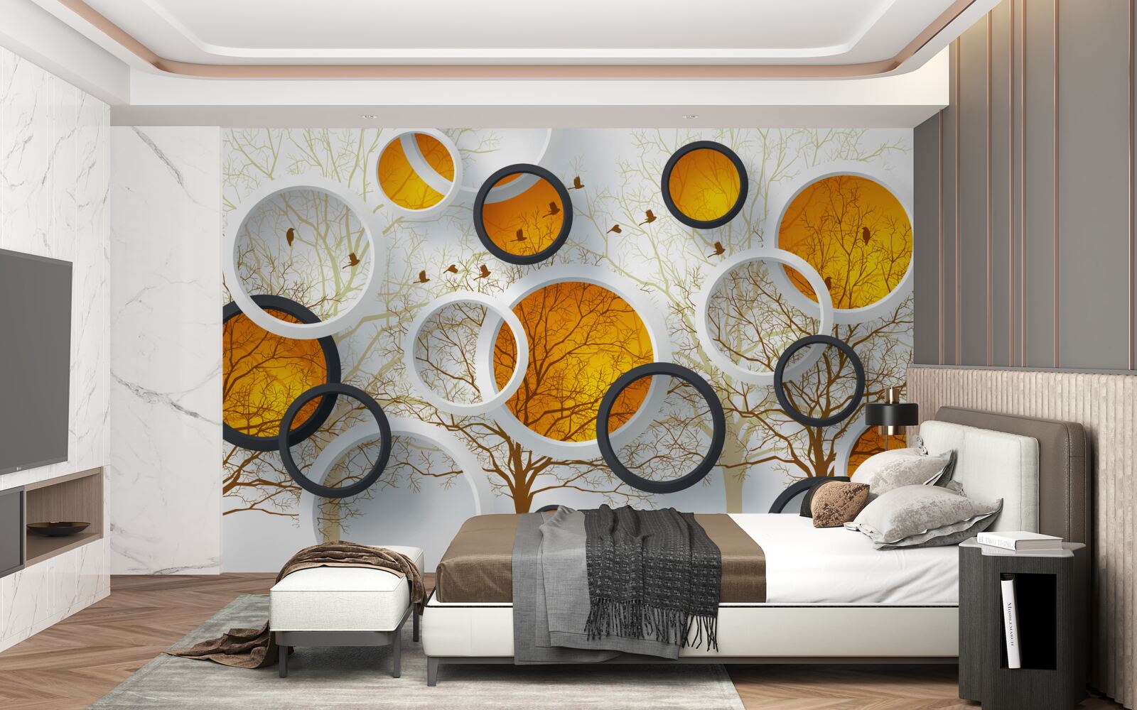 Fototapet copaci în toamnă și cercuri albe ca zăpada cu chihlimbar